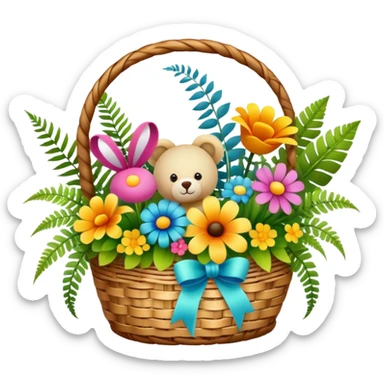 Icon for Floristry: a woven basket with flowers, reeds, ferns, bright ribbons, and a small plush toy. The icon should represent creativity in flower arrangement and decorative design. Transparent background. sticker
