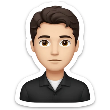 He’s a man with light to medium skin, a defined oval face, full brows, deep-set eyes, and wavy short dark brown tall hair styled with height, sides are trimmed. expression calm and focused relaxed black open-collar. polished, articulate, and coach vibe. personal development sticker