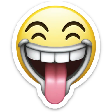 A yellow smiley face emoji grinning with tongue out, making the "horns" gesture with both hands. Eyes closed or squinting with laughter. Transparent background. sticker