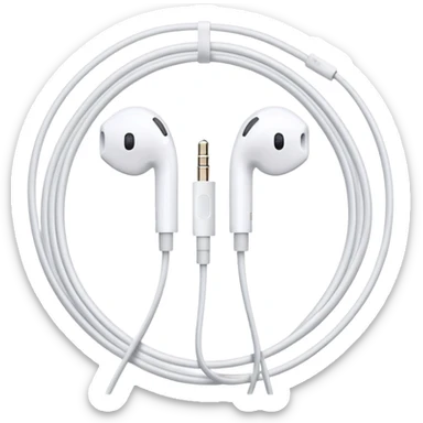 Just white wired Apple EarPods coiled in a circle, no case whatsoever, only the earbuds with the cord wrapped into a neat circle, minimalist iOS style, showing the earbuds and wire only sticker