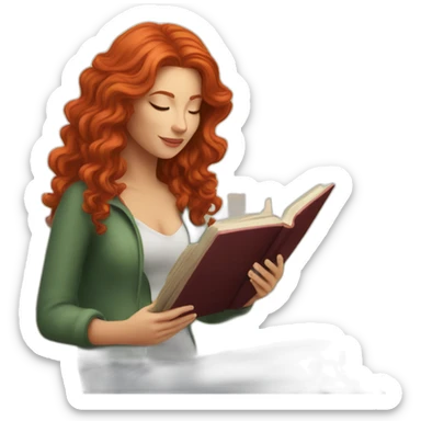 White woman with long curly red hair reading a book with a glass of wine in a park sticker