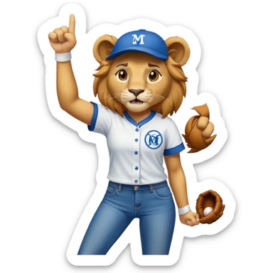 confident anthropomorphised female lion wearing baseball shirt, jeans, trainers, raising a fist in the air, angry expression, no sunglasses sticker