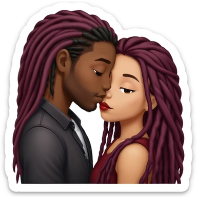 Dark Wine colored hair Latina long hair, kissing young black guy with dreads sticker