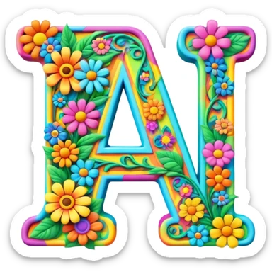 3D style, psychedelic colored Letter A with hippie style flower border sticker