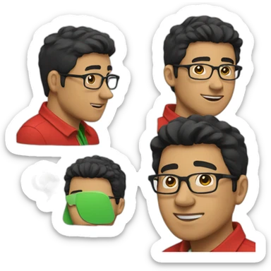 Man with black hair and glasses wearing red shirt with green polo collar sticker