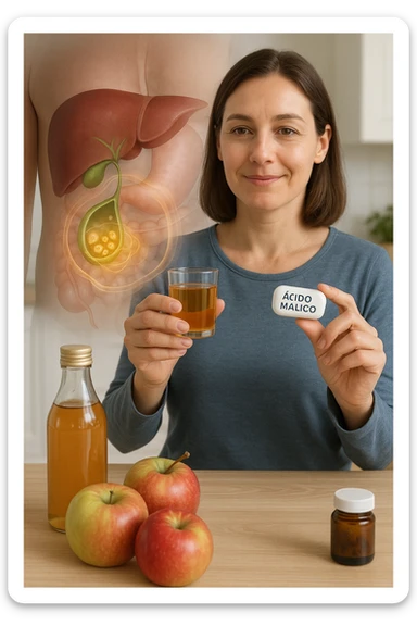 A detailed, realistic illustration or photo-style image showing a person holding a small glass of apple cider vinegar in one hand and a capsule labeled ‘Acido Malico’ in the other. In the foreground or as an overlay, a semi-transparent anatomical view of the abdomen highlights the gallbladder with visible small gallstones inside. Around the gallstones, gentle glowing waves or soft dissolving effects symbolize the softening or breakdown of the stones due to the natural acids. The person looks hopeful and calm, in a bright kitchen setting with fresh apples and natural health products on the counter. The overall mood is informative, natural, and hopeful about non-invasive, natural support for gallstone health sticker