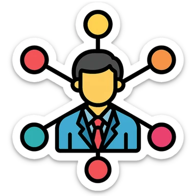 network marketing professional, modern business style, person in suit with network nodes and connections, vibrant colors, clean lines sticker