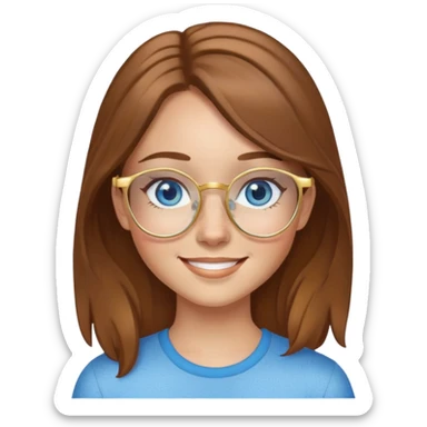Girl with light skin, brown hair, blue eyes, freckles, and gold glasses smiling sticker