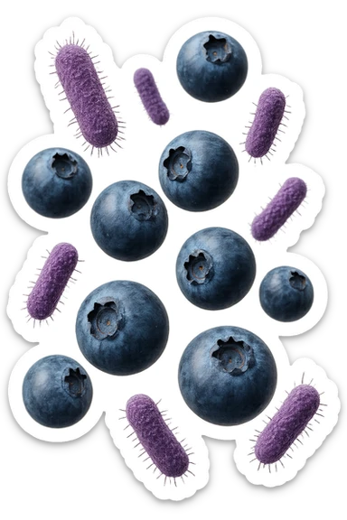 mirtilli fluttuano in aria insieme a 6 batteri intestinali viola, iperrealistico 4k sticker