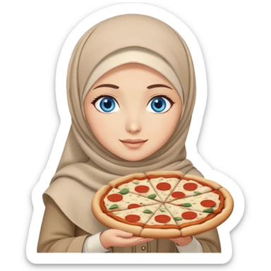 Turkish beautiful finish Konya girl blue eyes with beige hijab islamic dress and had on her hand pizza sticker