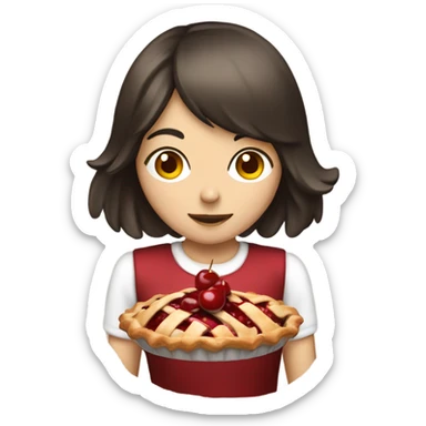 Girl brunette with fringe eating a cherry pie sticker