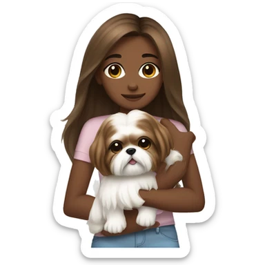 Girl with brown skin with brown long hair, hugging her white Shih tzu sticker