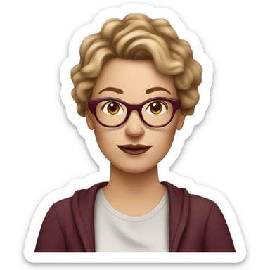 white mom with light brown messy hair, freckles on cheeks and nose, wearing burgundy glasses, holding coffee sticker