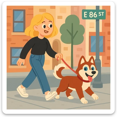 Cute Blonde woman wearing a black sweater and jeans and white sneakers walking a happy red-brown blue-eyed Siberian husky in New York City on an upper east side city sidewalk  sticker