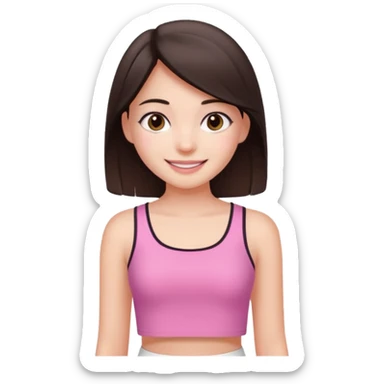 Koyu kahverengi orta boyda düz saçlı koyu kahverengi gözlü pembe beyaz crop tarzı kıyafetli  açık tenli kız sticker