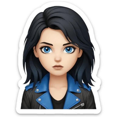 
 rockstar girl with long black disheveled hair, blue eyes, Smokey eyes grunge makeup, rocking  sticker