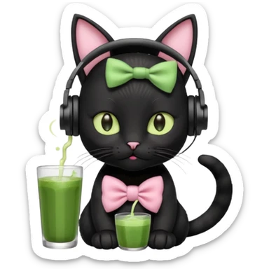 A black cat wearing cute headphones with a glass of matcha, a pink bow on his ear sticker