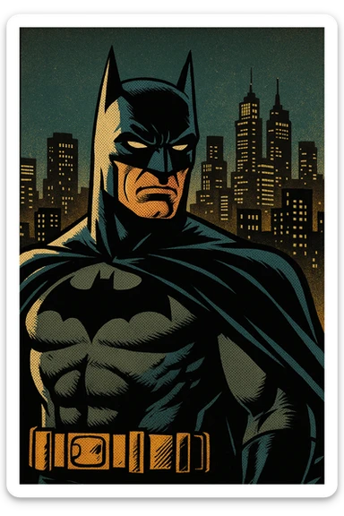Batman standing in front of a city skyline at night, Grand Theft Auto V (GTA 5) style sticker