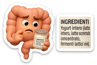 EMOJI STILE IPHONE 3D DI UN INTESTINO CHE HA IN MANO UN BARATTOLO DI YOGURT CONFEZIONATO DA SUPERMERCATO E LEGGE L'ETICHETTA NUTRIZIONALE CON GLI INGREDIENTI IN ITALIANO, ACCANTO ALLO YOGURT CHE HA IN MANO C'è UN FOCUS SULL'ETICHETTA CON GLI INGREDIENTI SCRITTI, FAGLI UN ESPRESSIONE CONFUSA MENTRE LEGGE E FALLO MOLTO REALISTICO IN 3D sticker