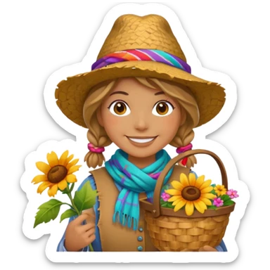 Scarecrow, Smiling face, colorful scarf, flower hat, holding a small basket. sticker