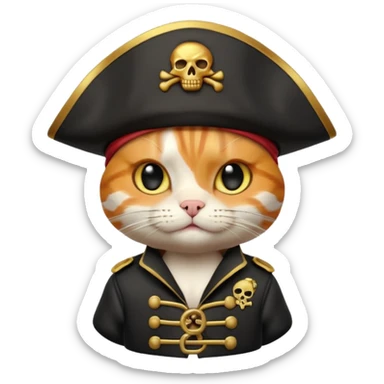 Premium 3D emoji icon of a cute ginger cat pirate, wearing a **pristine white** satin pirate hat with a gold skull icon, and a black and gold captain's jacket. Glossy finish, claymorphism style, soft studio lighting, isolated on white background, 8k resolution, stylized professional look --v 6.0 sticker