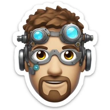 male cyborg head with brown short hair, brown beard, silver steampunk goggles and circuitry sticker
