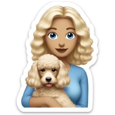 Blonde lady with blue eyes, straight hair  holding poodle puppy cream  sticker