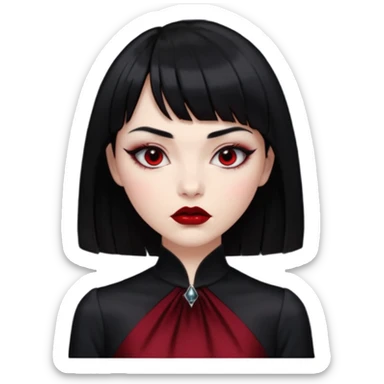 “Emoji girl, porcelain skin, sharp eyeliner, vampy deep red lips, straight jet-black hair with bangs, intense eyes, wearing black silk dress.” sticker