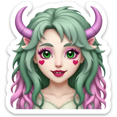Woman, pink irises, heart pupils, forest green long shaggy hair, light grey skin, ivory horns curving towards forehead, flirty smile, full lips, black lips, cute fangs sticker