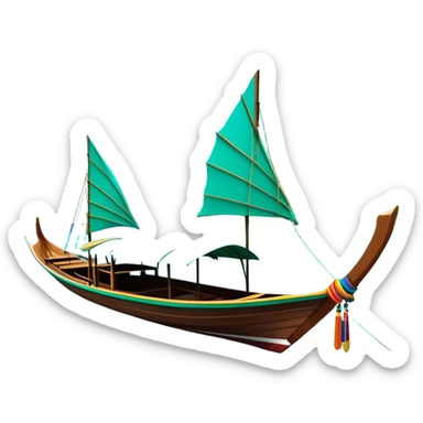​Cinematic Realistic Authentic Thai Longtail Boat, depicted as a traditional wooden longtail boat with a sleek, elongated hull and a brightly painted canopy, its long tail fin cutting gracefully through turquoise waters under a clear tropical sky, rendered with vibrant textures and dynamic natural lighting that captures its rustic charm and cultural heritage, sticker