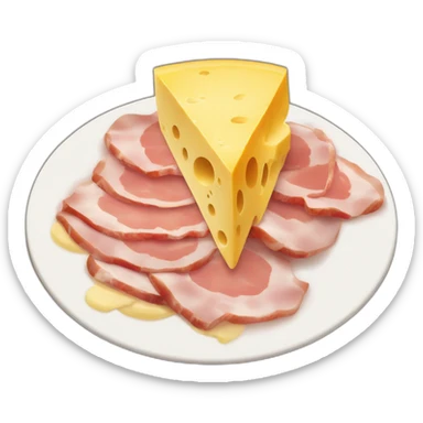 A big Melting raclette cheese in a plate with a little piece of ham and 4 potatoes  sticker