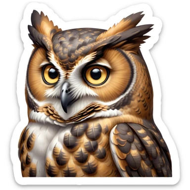 Cinematic Cute Great Horned Owl Portrait Emoji, Head tilted playfully and inquisitively, featuring a lush mottled Fur with intricate patterns of gray and white, round, sparkling golden eyes filled with curious wonder, Simplified yet irresistibly adorable features, highly detailed, glowing with a warm, friendly glow, high shine, affectionate and wise, stylized with a touch of nocturnal whimsy, bright and endearing, soft glowing outline, capturing the essence of a mischievous yet loving owl, so playful it feels like it could glide out of the screen and perch in your arms! sticker