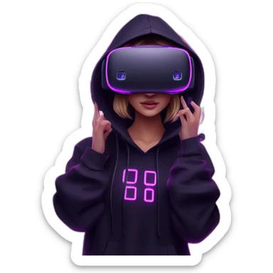 Russian girl wearing a black hoodie with "OMG" letters on it and VR headset in a cyberpunk VR environment with violet neon lighting. sticker