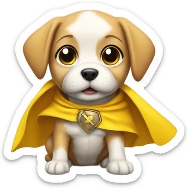 a cute hero puppy posing as a hero with a yellow cape sticker