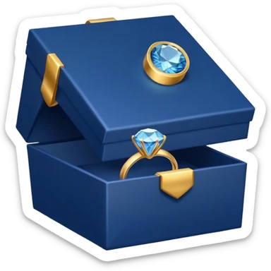 A dark blue gift box for jewelry containing a gold ring with a diamond sticker