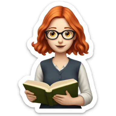Pale girl with red hair and glasses reading a book sticker