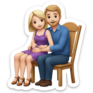A woman sitting on a man's lap straddling him on an armless wooden chair.face to face  sticker