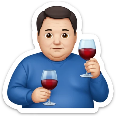 Older obese man dark hair blue sweatshirt holding wine sticker