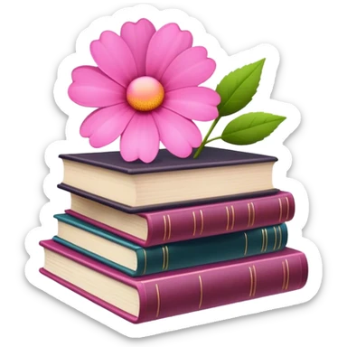 Some books with a pink flower sticker