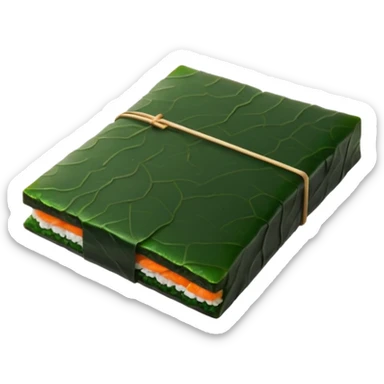 realistic sheet of nori, rectangular, deep green, uneven edges, papery texture, thin, crisp, slightly glossy, no packaging, no sushi, no faces, clean 3D, soft lighting, transparent background, emoji scale sticker