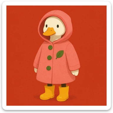 A duck wearing a pink hooded coat with green buttons and a green leaf on the chest, and yellow boots. The background is plain and red. sticker