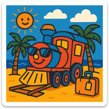 a train on vacation, playful and whimsical style, vibrant toon, bright colors, fun and lively sticker