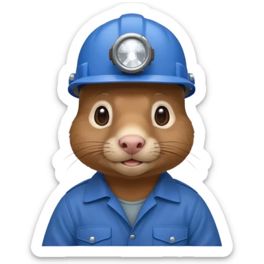 a mole rat, headlamp, BROWN worker cloth, blue helmet,  sticker