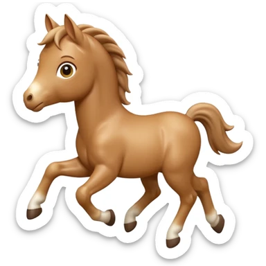 3D Apple-style emoji of a running foal. Small young horse with light brown body, short mane, big eyes, rounded and glossy, smooth shading, white background.

 sticker