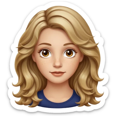 long dark Blond with highlights wavy hair white women, oval shape face hazel eyes long lashes little bit of freckles high cheek bones sticker