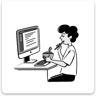 super programmer eating noodles while coding, hand drawn style, casual and fun sticker