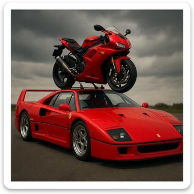 A realistic F40 with a vivid red motorcycle on its roof, dramatic angle. sticker