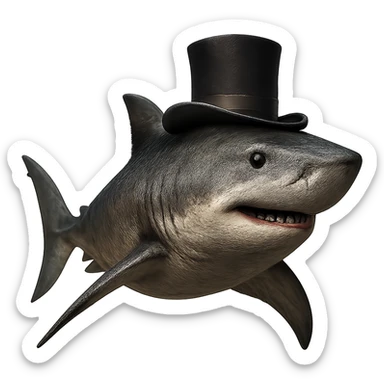Make this shark with a top hat look more realistic with detailed textures, natural shark colors, and realistic lighting. Keep the top hat and remove the background. sticker
