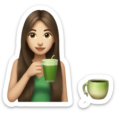 Girl with long brown hair drinking matcha sticker