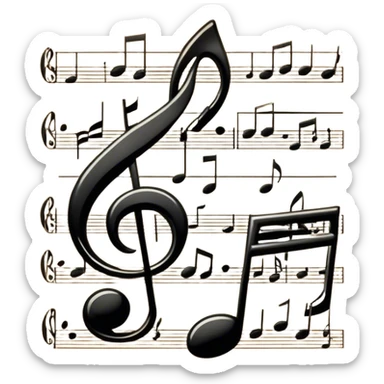 Cinematic Realistic Music Notes, crisp black ink on vintage sheet music, slightly curled edges, soft candlelight casting subtle shadows, glowing with an artistic and nostalgic charm. sticker